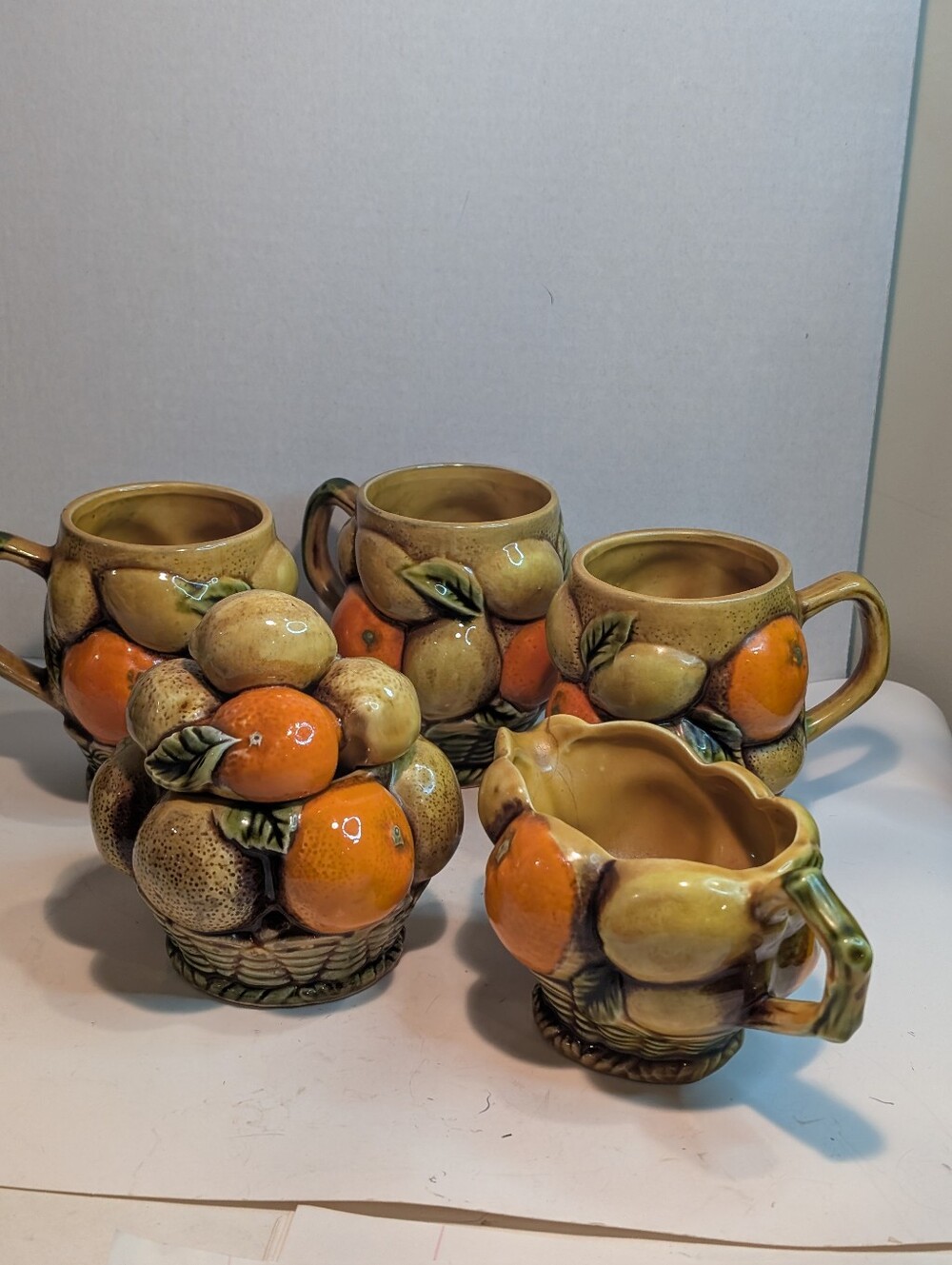Vintage Inarco Japan Golden Fruit 3 Mugs and Sugar Bowl And Creamer.